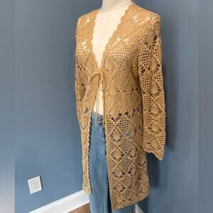 George Crochet Cardigan Duster Boho Tie Front Open Knit Tan Long Sleeve Size S